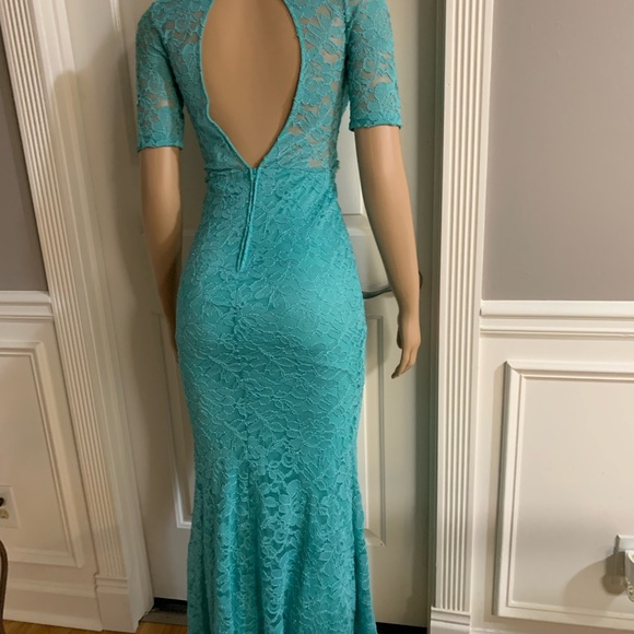 Women junior blue green lace bodycon mermaid maxi dress size (S) zipper back - Picture 11 of 14